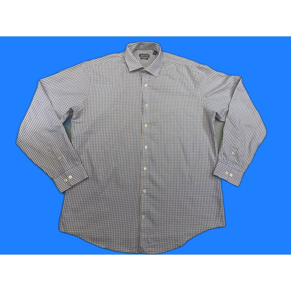 KENNETH COLE REACTION Gingham Button Down Shirt 34 35 Mens Blue 100% Cotton